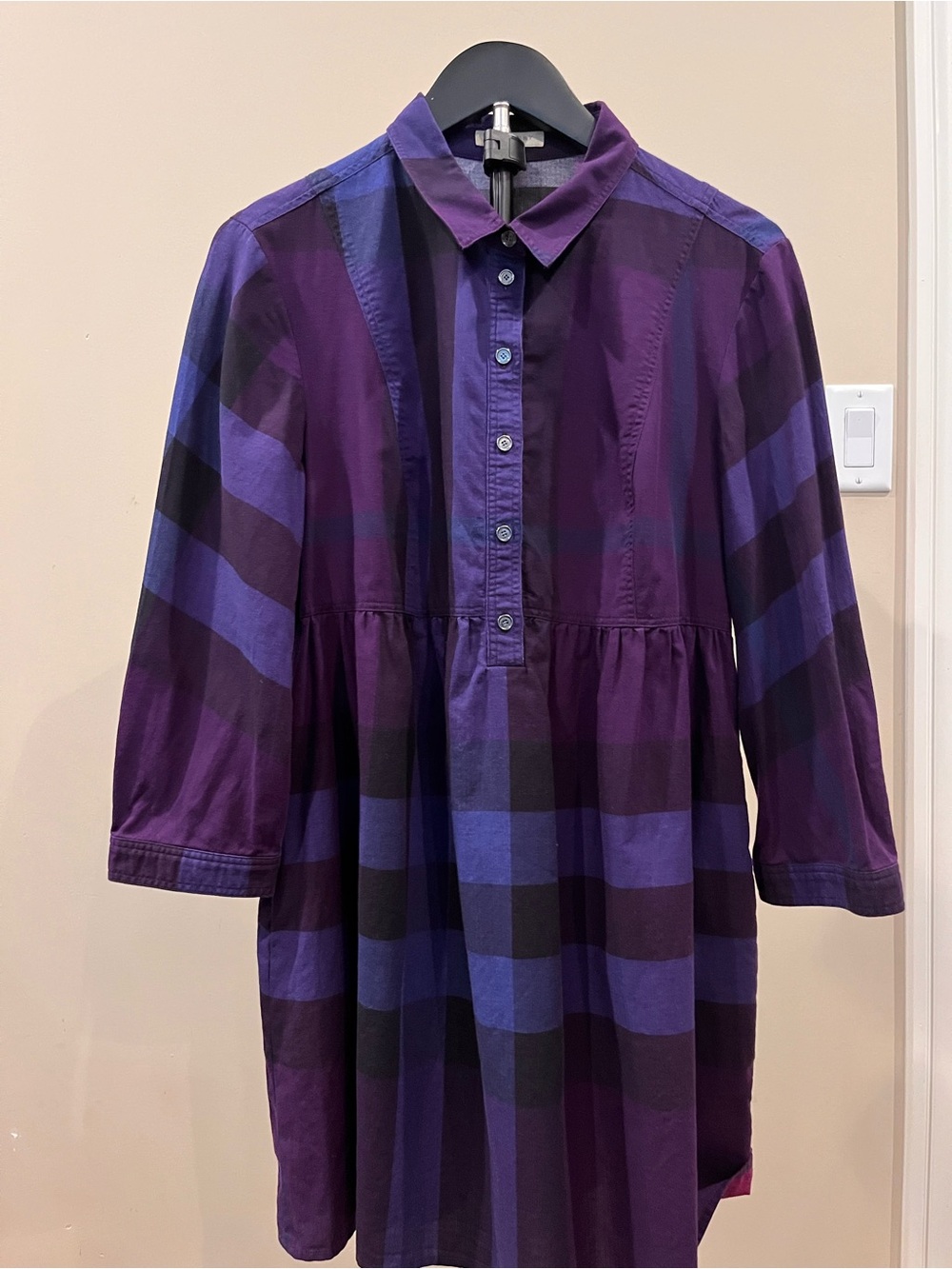 Burberry Purple and Blue Plaid Long-Sleeve Shirt Dress